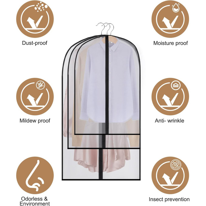 16 чорних мішків для одягу з блискавкою, 60 x 120/100/80 см. Захисні мішки для одягу, костюмів, пальто, суконь, сорочок. Організація та зберігання одягу.