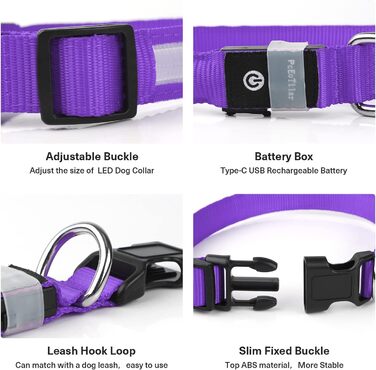 Світлодіодне нашийник для собак Leuchthalsband, вологостійкий, з 7 кольорами, регульований, для малих та великих собак, фіолетовий, 8 режимів, розмір M (38-50 см)