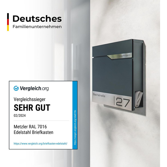 Поштовий ящик Metzler Anthrazit RAL 7016 з газетницею та табличкою з нержавіючої сталі V2A, антикорозійний, сучасний, 10 років гарантії на запчастини