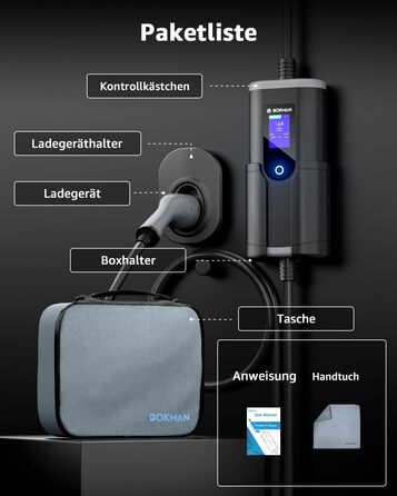 Кабель для зарядки електромобілів Bokman Typ 2 з CEE роз'ємом, 5 метрів, 6-16A, 11kW, 3-фазний, IP65 вологостійкий, портативний зарядний пристрій для електромобілів, мобільна зарядка, станція зарядки, IEC 62196-2, з сумкою та мікрофіброю