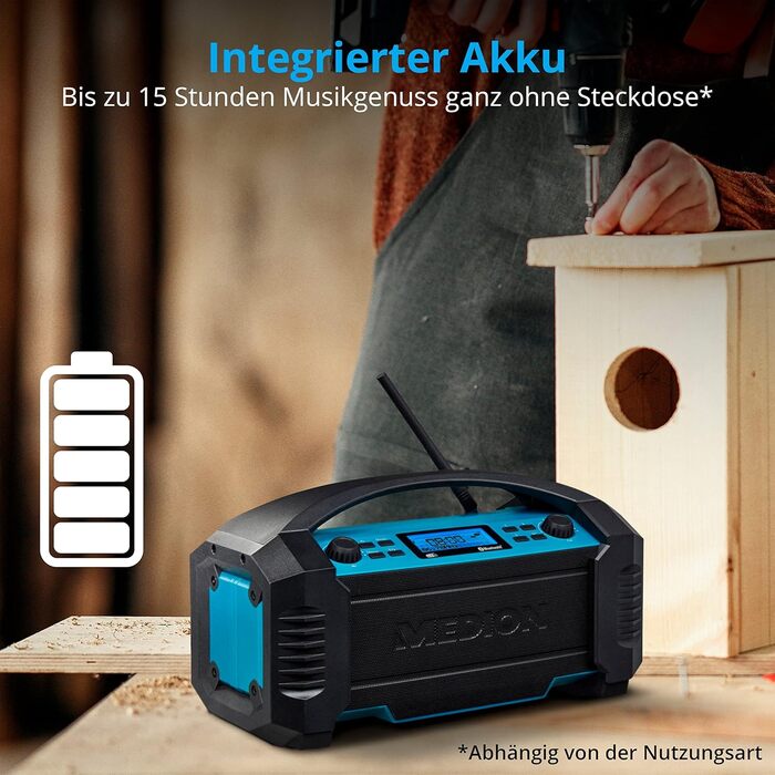 Радіоприймач Medion E66877 DAB+ Baustellenradio: Bluetooth 5.0, DAB+, FM, LED-ліхтар, акумулятор/мережа, водонепроникний (IP44), синій