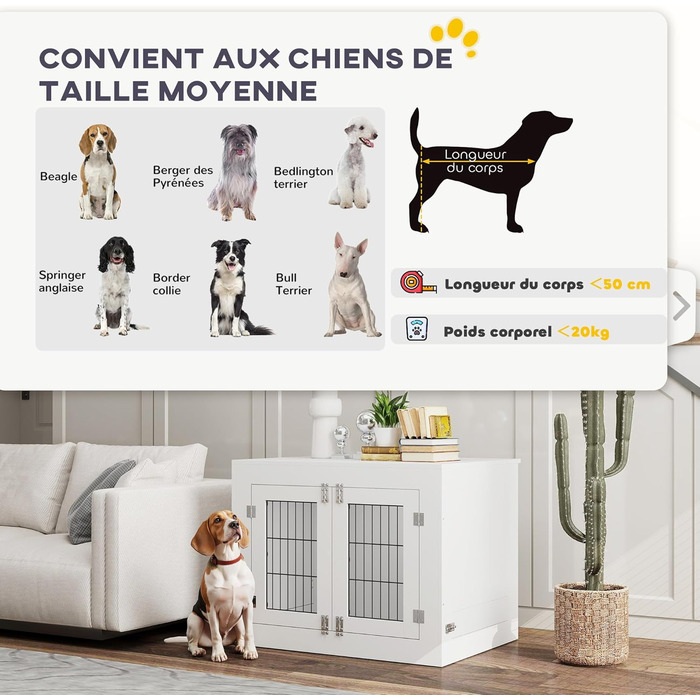 PawHut Будка для собак, дерев'яна, з 2 обертовими мисками, 2 двері, столиком, для собак середніх порід до 20 кг, 80 x 60 x 63 см, біла