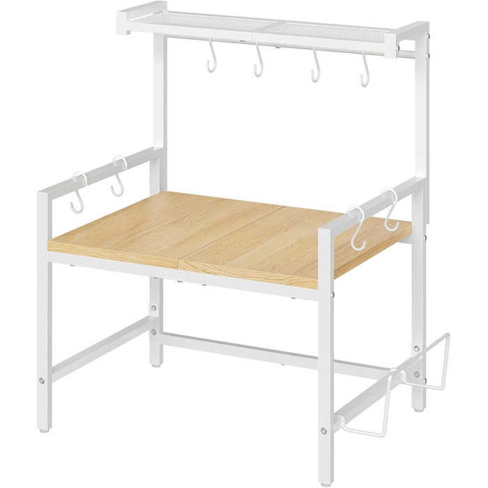 Поличка для мікрохвильової печі, кухонна поличка, 2 яруси, з підставкою для обробної дошки, органайзер з 8 гачками, коричнева, ABRBN5301