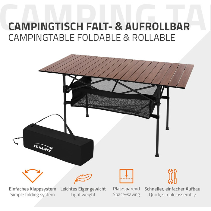 Стіл для кемпінгу Hauki, розкладний, коричневий, 118 x 55 x 64,5 см, алюмінієвий, з мотузковою поверхнею, для відпочинку, саду, балкону, подорожей, ринку, з сумкою, колір: коричневий (темне дерево)