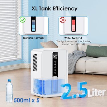 Електричний осушувач повітря 2500 мл з баком для води - Осушувач повітря електричний з трьома швидкостями + два режими, таймер 48H, авто-стоп & анти-заморожування, для спальні та ванної кімнати