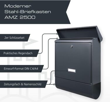 Поштовий ящик Burg-Wächter AMZ 2500 NI антрацит з газетницею та табличкою для імені, формат DIN C4, 2 ключі, нержавіюча сталь