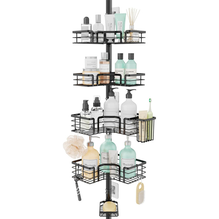 Регульована поличка для душу SWTYMIKI з нержавіючої сталі, 4 яруси, з мильницею, тримачем для зубних щіток та 4 гачками, 70-275 см, чорний (без свердління)