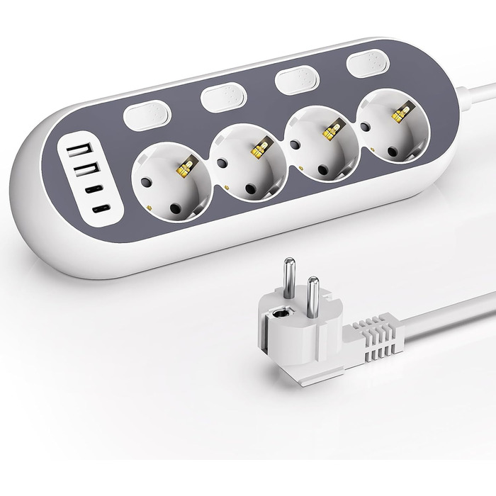 Мережевий фільтр з USB, індивідуальне вмикання розеток, 4 розетки, 2 USB-C, 8 в 1 з вимикачем, адаптер з кабелем 1,5м для кухні, дому, офісу