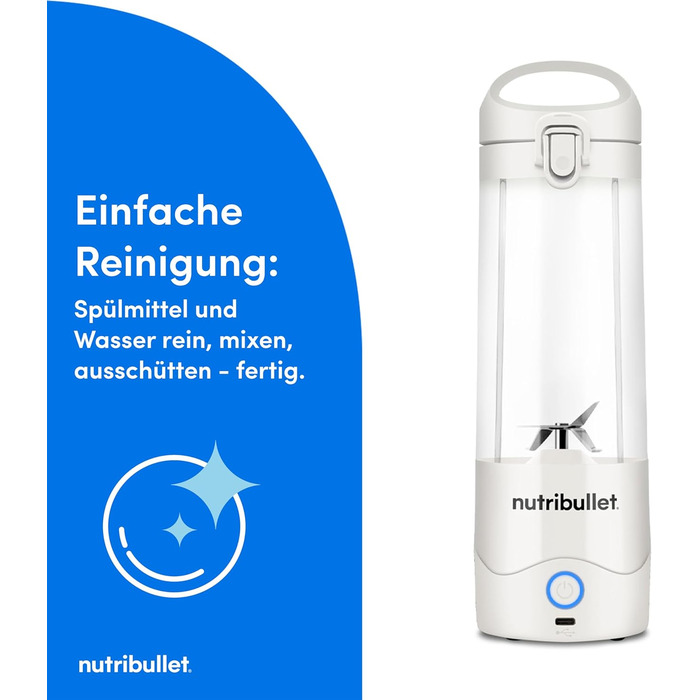 Nutribullet Immersion Blender, Immersion Blender, 475ml BPA-free, Mini-Mixer, Multi-Function Blender, USB-C Charger, over 15 blending cycles, White, NBP003W Portable White