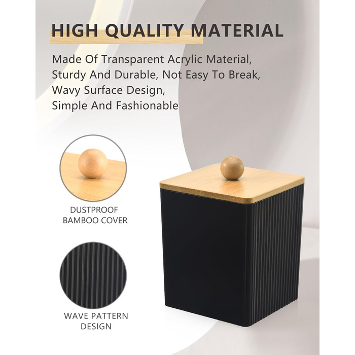 Диспенсер для ватних дисків та паличок з бамбуковим кришкою, органайзер для ватних виробів, чорний, для ванної кімнати