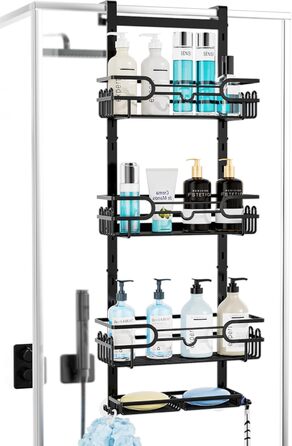 HapiRm Shower Shelf - Hanging Shower Rack Adjustable with 4 Shower Baskets, Shower Shelf No Drilling with Soap Dish and Hooks, Shower Shelf Over the Door Glass Wall & Bathroom Door, Black