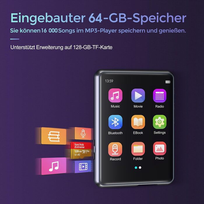 MP3 плеєр 64GB Bluetooth 5.3 HiFi з металевим корпусом, радіо FM, диктофон, сенсорний екран 2.4