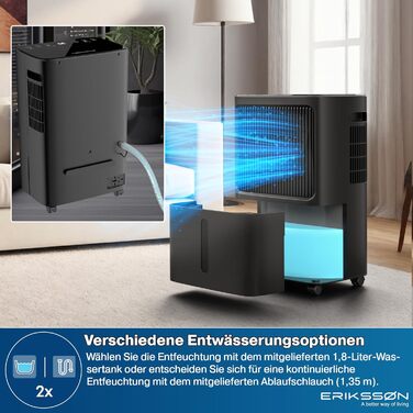 Зволожувач повітря Erikssøn з LED дисплеєм, таймером та захистом для дітей | видаляє 16 л вологи на добу | для приміщень до 140 м³ (70 м²) | енергоефективний зволожувач з датчиком вологості, білий (чорний)