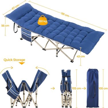 Ліжко складане Yaheetech з матрацом для кемпінгу, сіре, 191x67 см, до 150 кг - гостьове ліжко з сумкою та кишенями