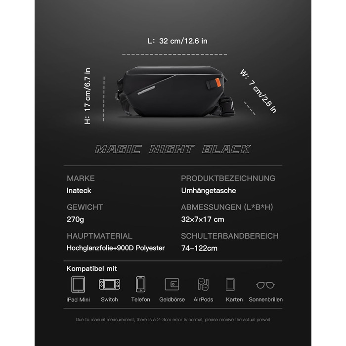 Чоловіча слінг-сумка Inateck X-Lite 3,8 л — легка наплічна та поясна сумка-кросбоді для подорожей, велоспорту, роботи, спорту і походів