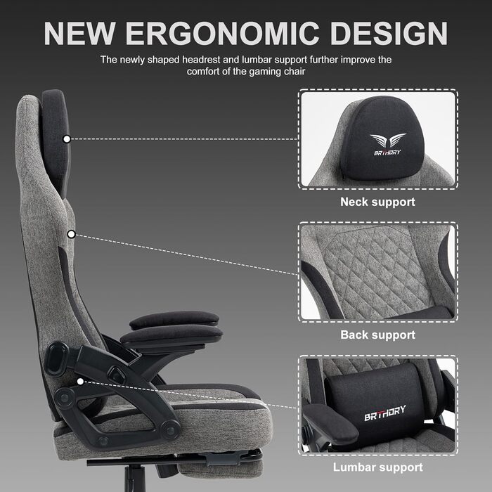 Геймерське крісло Racing Ergonomic Stoff Schwarz Grau з регульованою підголівкою, підлокітниками та підставкою для ніг