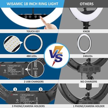 LED-кільцеве світло WISAMIC 45,7 см з тримачем для телефону: сенсорне керування, пульт дистанційного керування, двоколірне, регульована яскравість, 2800K-6000K, для селфі, макіяжу, камери, телефону, YouTube, відео, фотографії, освітлення