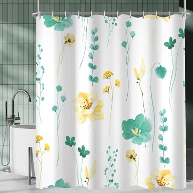 Штора для ванної кімнати 240x200 см, квіти, антигрибкова, водовідштовхувальна, поліестер, з кільцями для душу (М'ятний)