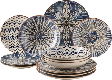 MÄSER 934017 Iberico Blue 12-piece tableware set for 4 people in Moorish style, plate set with various vintage patterns in white and blue, stoneware