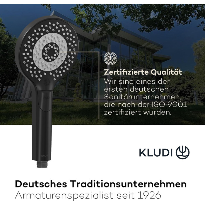 KLUDI-X3 Universal Shower Head with Hose, Shower Spray Optional - Water-Saving with 3 Spray Patterns (Body, Hair, Skin), Easy-to-Clean Shower Head Ø 11.7 cm, Shower Hose 1.60 m (3 Spray Patterns, Matte Black)