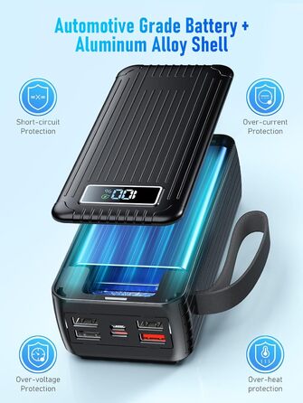 Power Bank 60000 mAh з PD 45W, 6 портів (4 USB-A, 2 Type-C), LED дисплей, вбудовані кабелі, чорний
