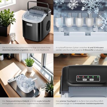 Машина для приготування льоду tectake® - швидке та зручне приготування льоду для дому та бару, чорний колір, 1,2 л, 12 кг/24 год, 2 розміри кубиків льоду, самоочищення, з лопаткою