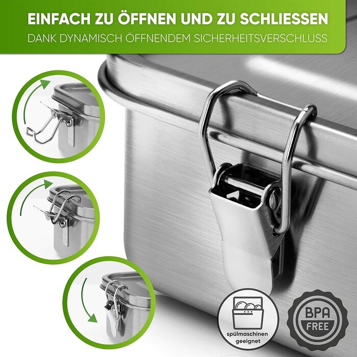 Premium Stainless Steel Lunch Box I 1400ml I Includes Replacement Seal and 2 Dividers I The improved lunch box is leak-proof and very easy to clean I For children and adults