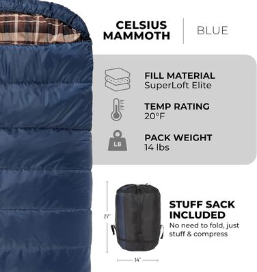 Сплячий мішок TETON Sports Mammoth Queen-Size, двомісний, синій, для кемпінгу, -6°C