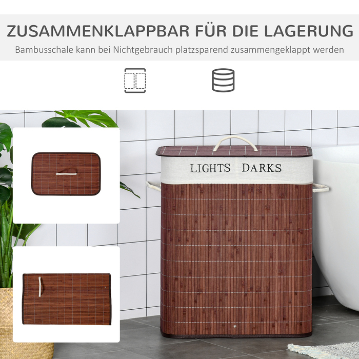 HOMCOM 100L кошик для білизни, контейнер для збору білизни, коробка для білизни з 3 ручками та знімним пранню мішком з бамбука, бавовни, металу, коричневого+білого кольорів, розміром 52x32x63 см | Aosom
