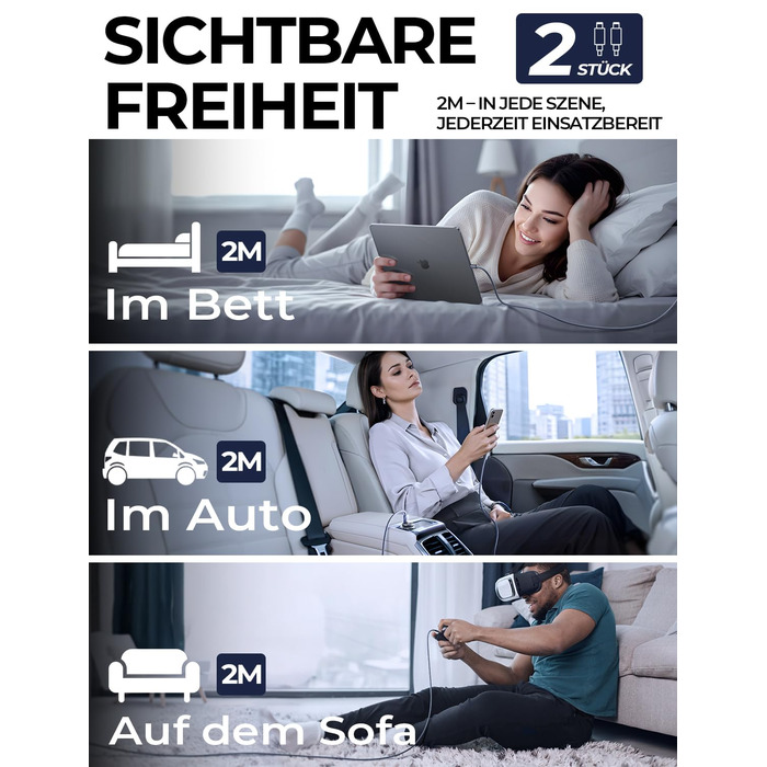 Кабель USB-C 2 шт. LISEN 240W, 2 метри, темно-синій. Сумісний з Samsung Galaxy S24 Ultra, MacBook Pro/Air, Galaxy S25/S23, iPhone 17/16/15 Pro, iPad Pro/Air