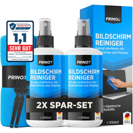 PRINOX Набір для чищення екранів 250 мл з мікрофіброю та пензлем - засіб для чищення дисплеїв телефонів, ноутбуків та телевізорів (LCD, LED, OLED, QLED, TFT) від жирних плям та відбитків пальців (250 мл (2 шт))