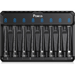 Зарядний пристрій POWXS для акумуляторів AA AAA (NIMH/NICD/Li-ion/Lithium) з LED-дисплеєм та USB-C, 8 слотів, швидка зарядка