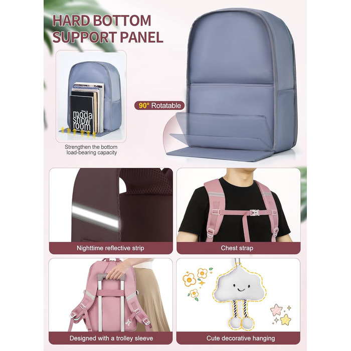 Шкільний рюкзак FIORETTO для дівчаток-підлітків, рюкзак для жінок з відділом для ноутбука 15,6', водонепроникний, легкий, 25L, для школи та подорожей, рожевий