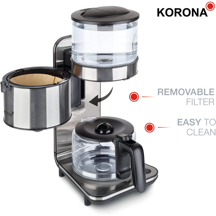 Кавоварка Korona 10295, нержавіюча сталь, 1,25 л, 1800 Вт, технологія проливного заварювання
