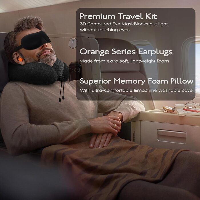 Подушка для шиї у літак - 100% Memory Foam - Зручна подушка для подорожей - з 3D-маскою для сну та навушниками - Ідеально для літака, авто, дому, офісу, чорна