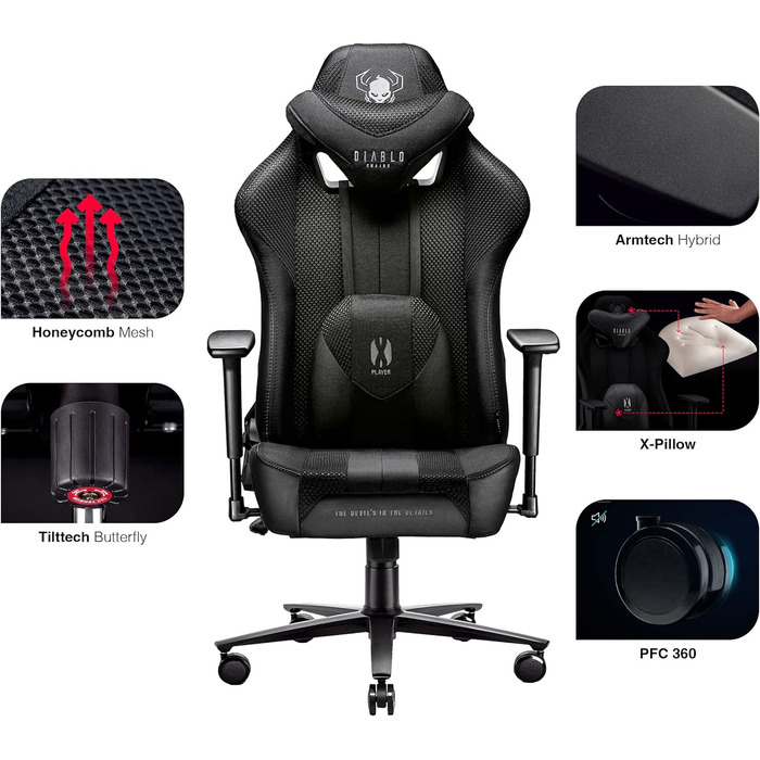 Ігрове крісло Diablo X-Player 2.0 King XL, тканинне, ергономічне, чорне, 3D підлокітники, подушки для шиї та попереку, вага до 160 кг, офісне крісло для геймерів