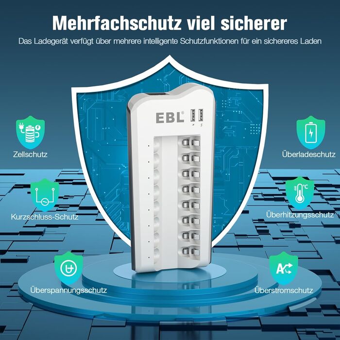 Зарядний пристрій EBL для акумуляторів AA AAA (NI-MH, NI-Cd) та USB пристроїв, 8 слотів, LED дисплей, 2 USB порти