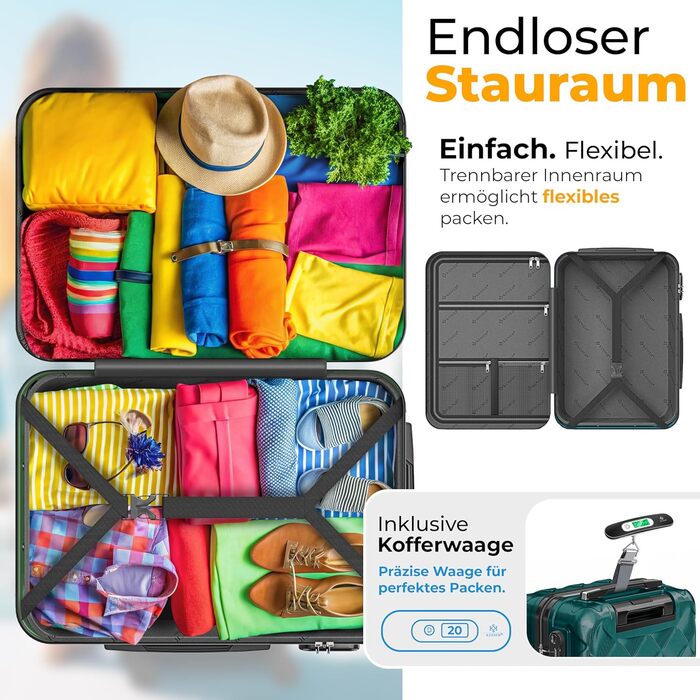 Набір валіз KESSER® 4 в 1 | Валізи з ABS, кодований замок, ваговою вагою та органайзером для подорожей | Ручна та велика валіза для бізнесу та подорожей, Petrol