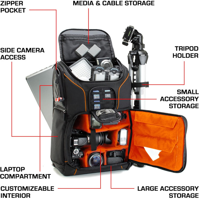 Рюкзак для камери USA Gear DSLR з антишоковою захистом, відділенням для ноутбука 43,18 см, водонепроникним чохлом та кріпленням для штатива (Оранжевий)