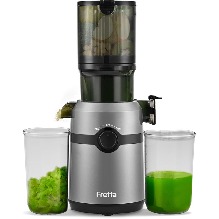 Fretta Slow Juicer with 108mm Opening & 1L Capacity, Juicer for Vegetables and Fruits - Test Winner, 200W Electric Juice Press with Cold Press, Easy Cleaning and Quiet Motor, BPA-free (Gray, 1L) 1L Gray