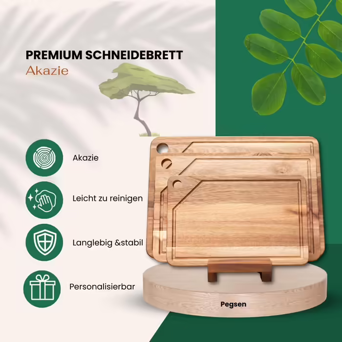 Personalized Premium 3-Piece Cutting Board Set - Kitchen Cutting Boards made of Acacia Wood with Stand and Phone Holder - High-Quality Wooden Board with Juice Groove for the Kitchen