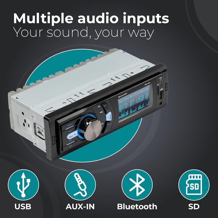 Автомагнітола Caliber 1DIN Bluetooth, FM-тюнер, 4x75Вт, USB/MicroSD, зарядка 2.1A, AUX, гучний зв'язок, зовнішній мікрофон, RCA вихід, регулятор підсвітки, 85мм, підтримка MP3/WMA/APE/FLAC
