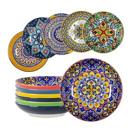 HENXFEN Набір супових тарілок з порцеляни, 700мл, 6 шт. Яскраві тарілки для супу, пасти, салату, фруктів - Богемний стиль
