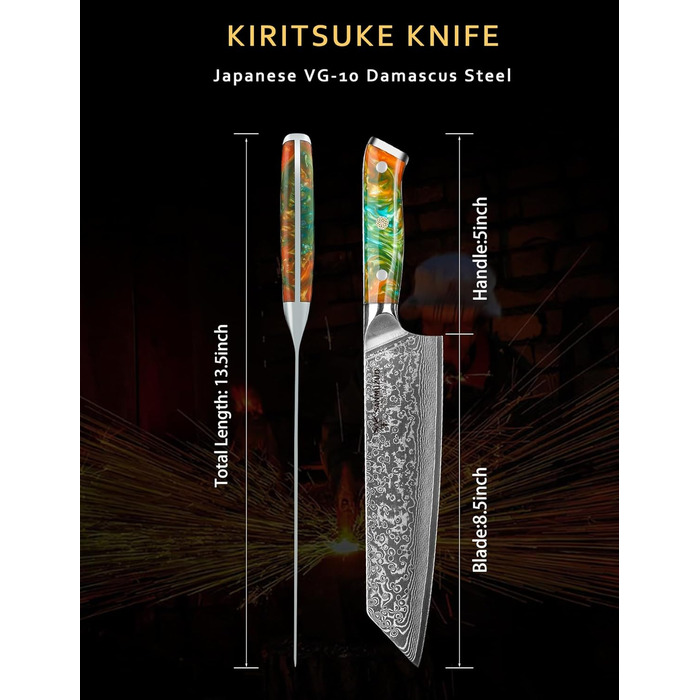 Ніж Kiritsuke Damast Xuan 22 см, сталь VG10, ручка з сапфірово-блакитної смоли (Фантастичний помаранч)