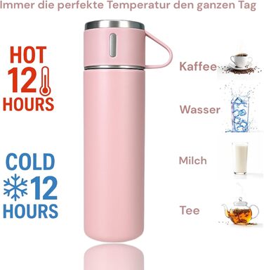 Термофляга 500 мл з нержавіючої сталі – 2 чашки з ручкою – без витоку, BPA-free – з щіткою для чищення – рожева