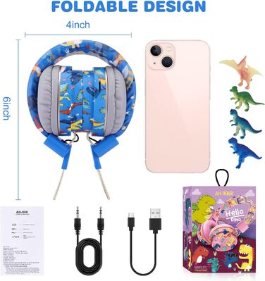 Дитячі навушники JYPS, бездротові, Over-Ear з мікрофоном для школи та планшета (3-10 років), блакитні