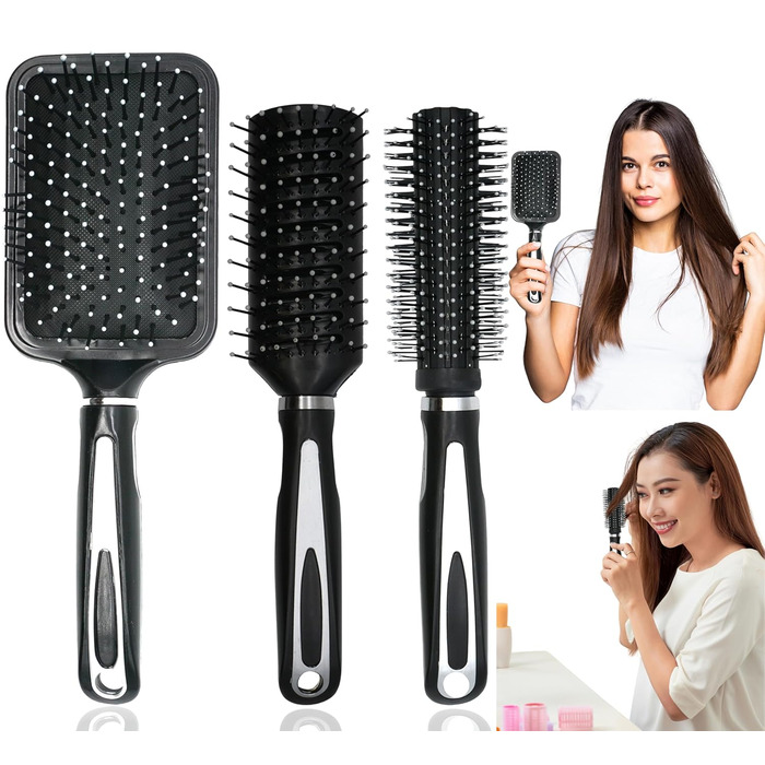 Набір гребінців для волосся 3 шт. з круглими щітками (радіальні) та щіткою з отворами для провітрювання, для розчісування мокрого та сухого волосся, для жінок, чоловіків, дітей