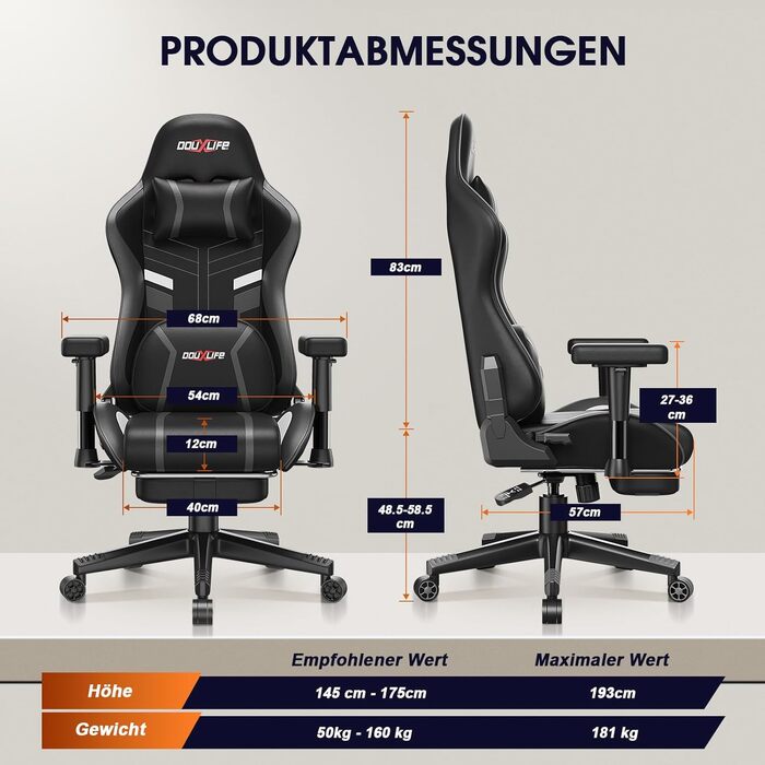 Ігровий крісло Douxlife з масажем та підігрівом, ергономічний офісний крісло з підніжкою, регулювання 90°-175°, підлокітники 2D, для геймерів, 181 кг, сірий