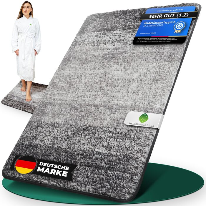 Килимок для ванної кімнати 50x80 см, антиковзаюча, чорно-сірий | Килимок для ванни, килимок для душу, ковролін для ванної кімнати | Преміум якість, великий, пральний