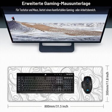 Ігровий килимок для миші Abetcabe Gaming Mauspad XXL, підкладка на стіл 900 x 400 мм, чорний (дизайн Topographisch, білий)